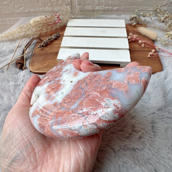 Beautiful Large Cotton Candy Pink Agate Druzy Moon with Stand - Picture 7 of 8